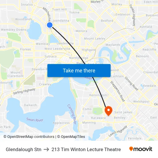 Glendalough Stn to 213 Tim Winton Lecture Theatre map
