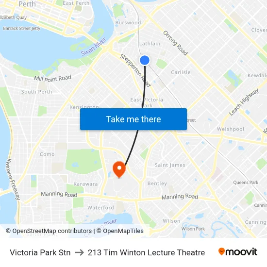 Victoria Park Stn to 213 Tim Winton Lecture Theatre map