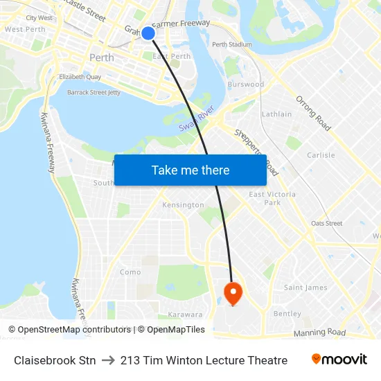 Claisebrook Stn to 213 Tim Winton Lecture Theatre map