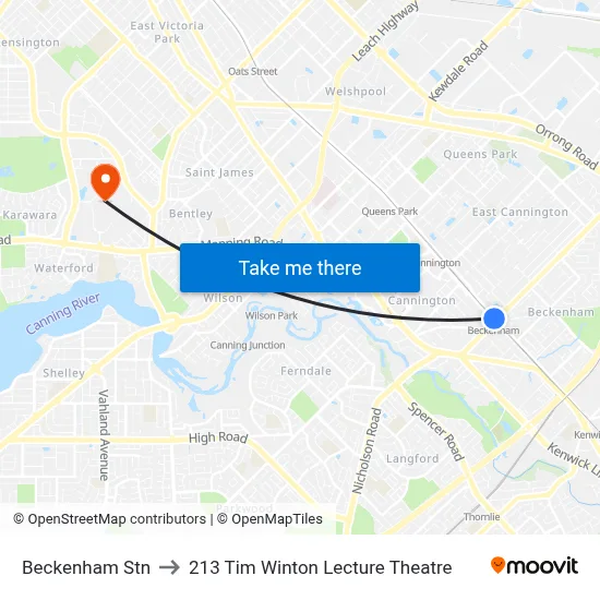 Beckenham Stn to 213 Tim Winton Lecture Theatre map