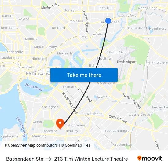 Bassendean Stn to 213 Tim Winton Lecture Theatre map