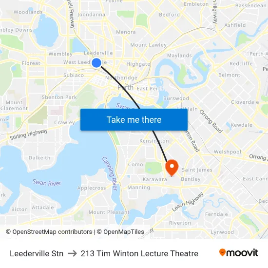 Leederville Stn to 213 Tim Winton Lecture Theatre map