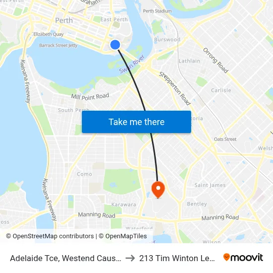 Adelaide Tce, Westend Causeway Eastbound to 213 Tim Winton Lecture Theatre map