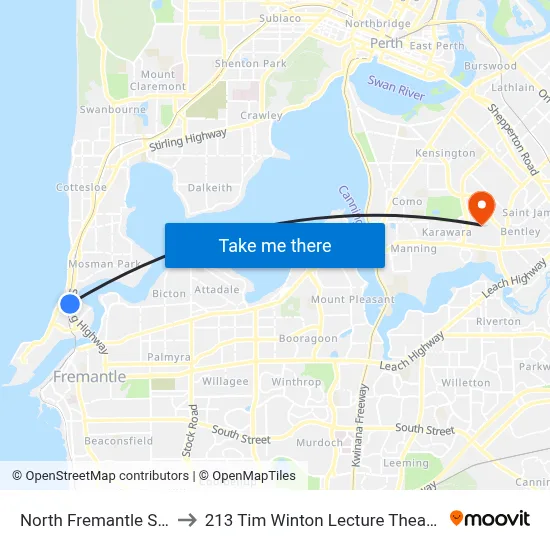 North Fremantle Stn to 213 Tim Winton Lecture Theatre map