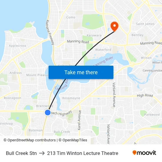 Bull Creek Stn to 213 Tim Winton Lecture Theatre map