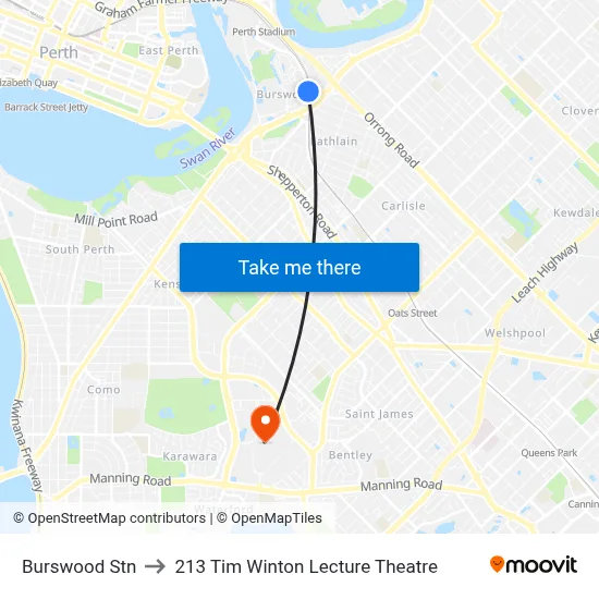 Burswood Stn to 213 Tim Winton Lecture Theatre map