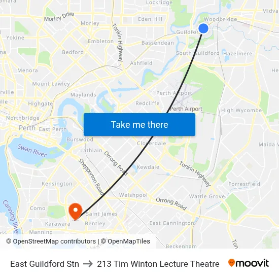 East Guildford Stn to 213 Tim Winton Lecture Theatre map