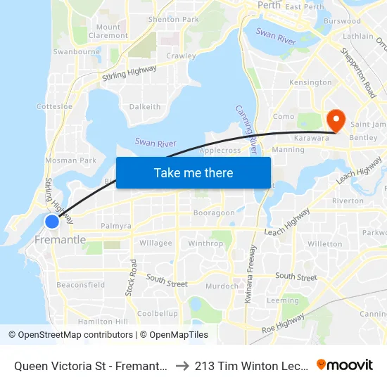 Queen Victoria St - Fremantle Traffic Bridge to 213 Tim Winton Lecture Theatre map