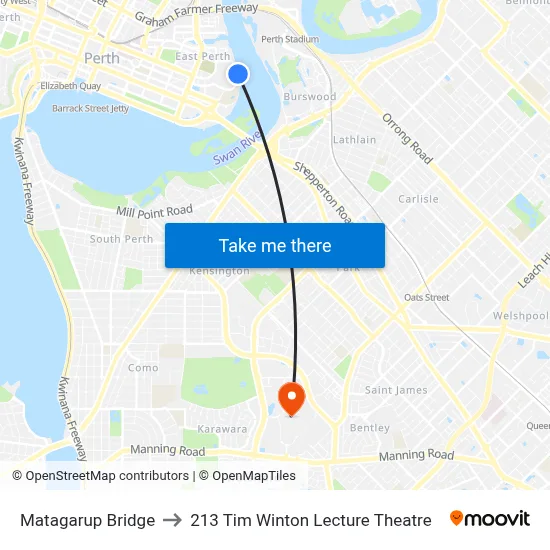 Matagarup Bridge to 213 Tim Winton Lecture Theatre map