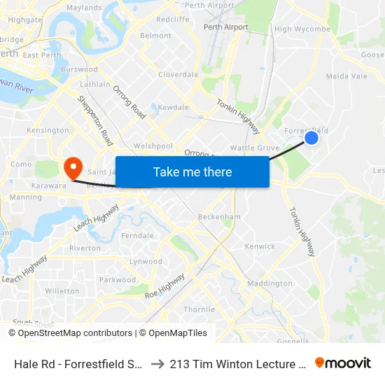 Hale Rd - Forrestfield Shop Ctr to 213 Tim Winton Lecture Theatre map