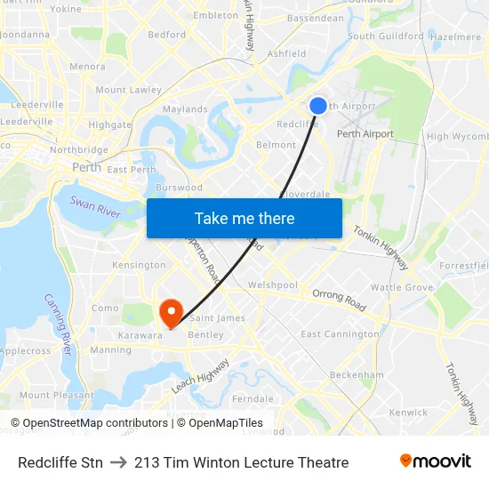 Redcliffe Stn to 213 Tim Winton Lecture Theatre map