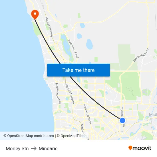 Morley Stn to Mindarie map