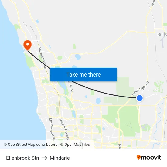 Ellenbrook Stn to Mindarie map