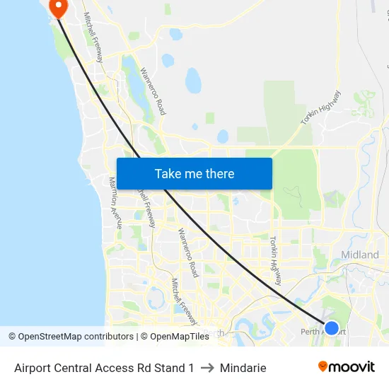 Airport Central Access Rd Stand 1 to Mindarie map