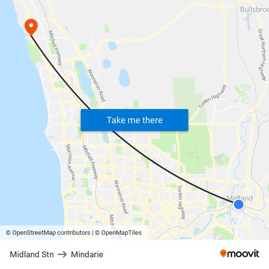 Midland Stn to Mindarie map