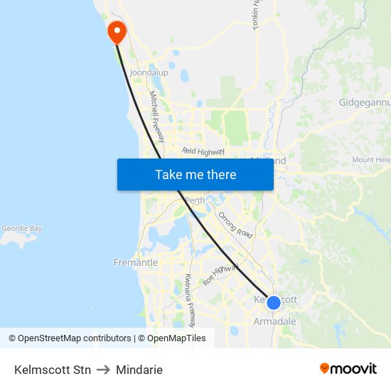 Kelmscott Stn to Mindarie map