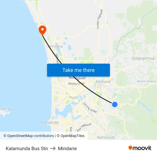 Kalamunda Bus Stn to Mindarie map