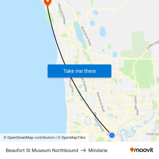 Beaufort St Museum Northbound to Mindarie map