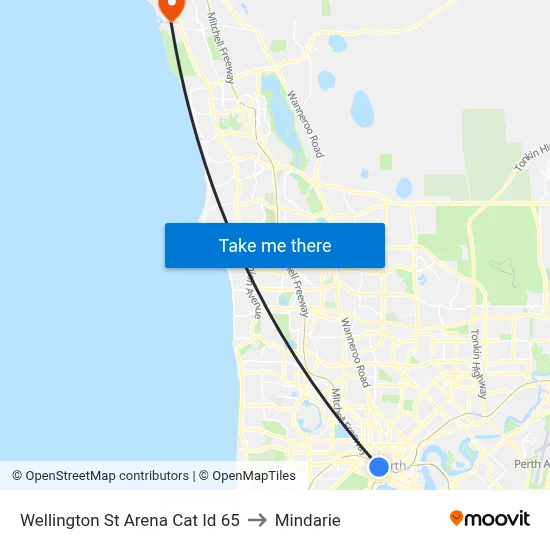 Wellington St Arena Cat Id 65 to Mindarie map