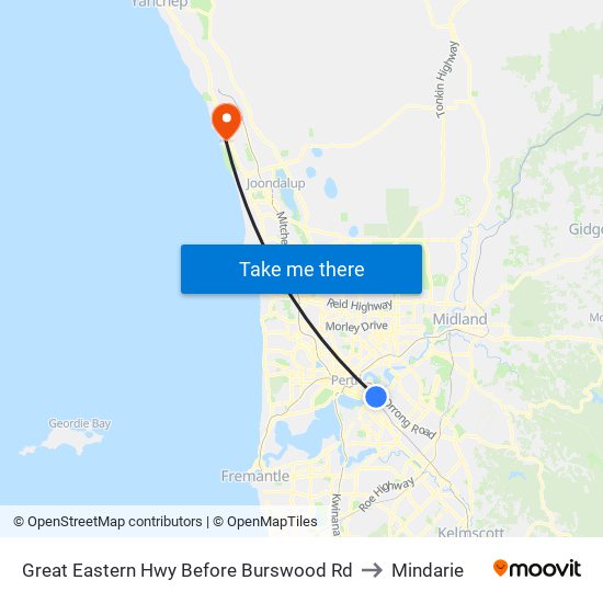 Great Eastern Hwy Before Burswood Rd to Mindarie map