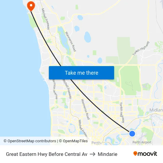 Great Eastern Hwy Before Central Av to Mindarie map