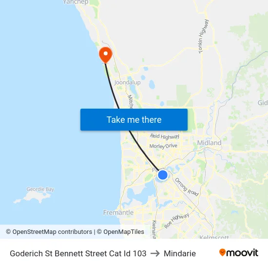 Goderich St Bennett Street Cat Id 103 to Mindarie map