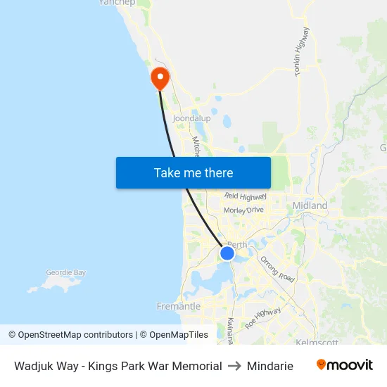 Wadjuk Way - Kings Park War Memorial to Mindarie map