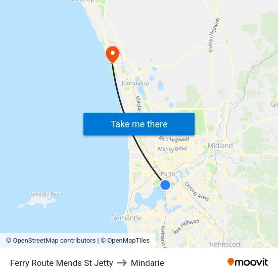 Ferry Route Mends St Jetty to Mindarie map