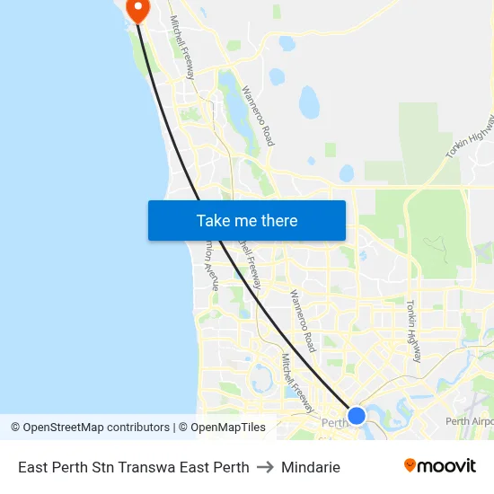 East Perth Stn Transwa East Perth to Mindarie map
