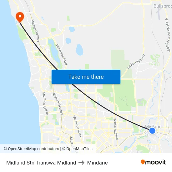 Midland Stn Transwa Midland to Mindarie map