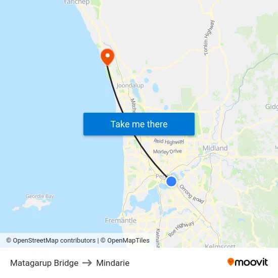 Matagarup Bridge to Mindarie map