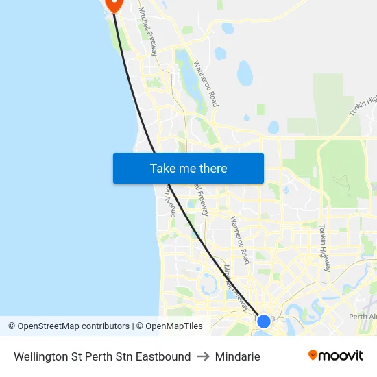 Wellington St Perth Stn Eastbound to Mindarie map