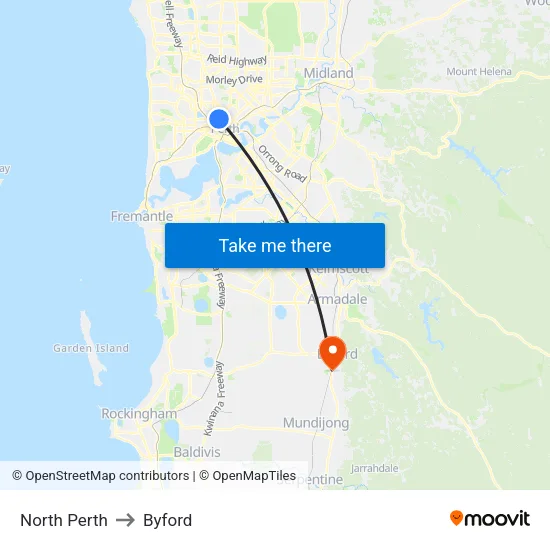 North Perth to Byford map