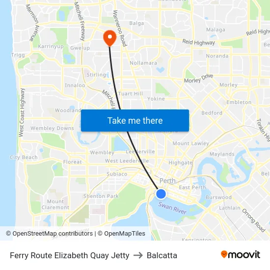Ferry Route Elizabeth Quay Jetty to Balcatta map