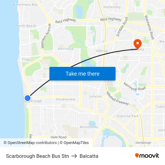 Scarborough Beach Bus Stn to Balcatta map