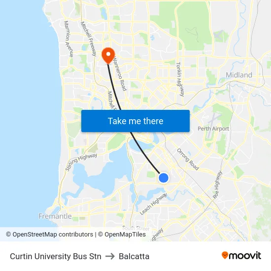 Curtin University Bus Stn to Balcatta map