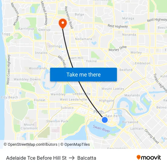 Adelaide Tce Before Hill St to Balcatta map