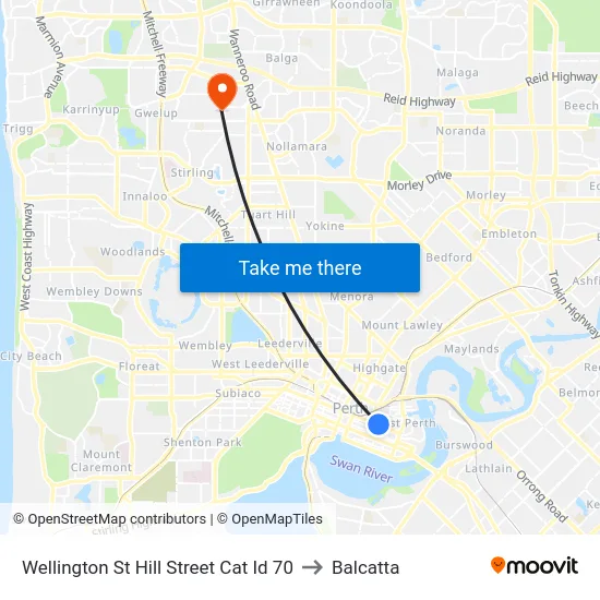 Wellington St Hill Street Cat Id 70 to Balcatta map