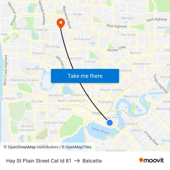 Hay St Plain Street Cat Id 81 to Balcatta map