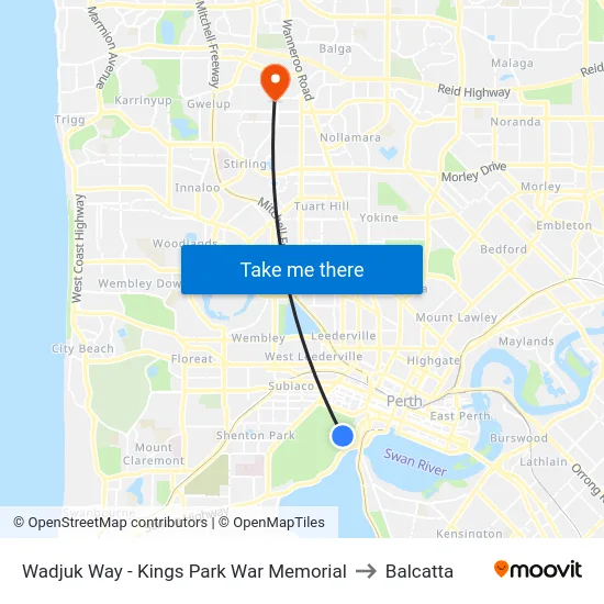 Wadjuk Way - Kings Park War Memorial to Balcatta map