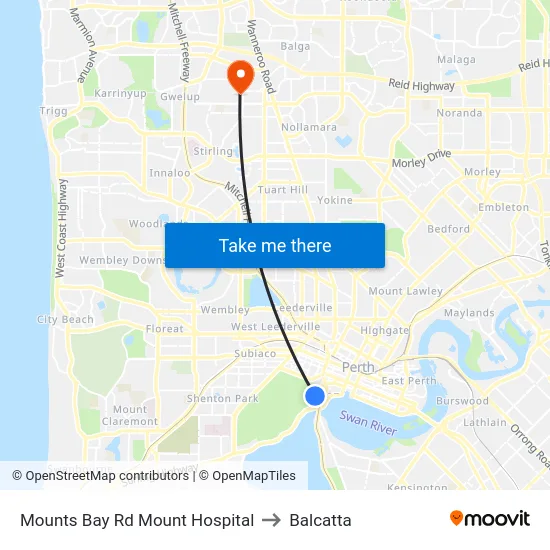 Mounts Bay Rd Mount Hospital to Balcatta map