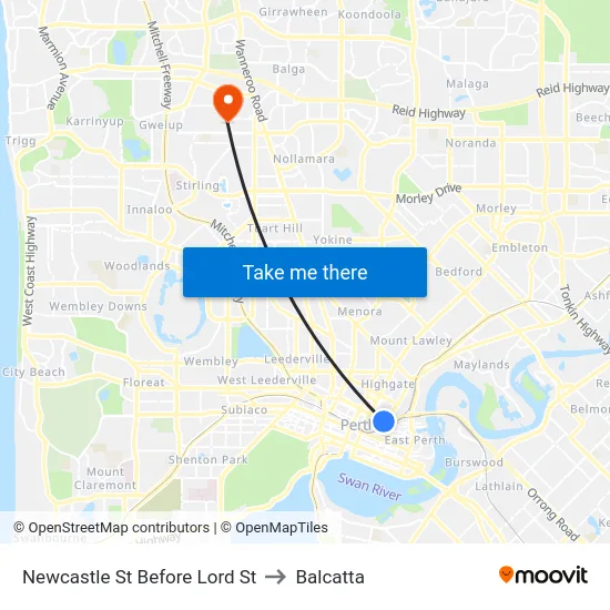Newcastle St Before Lord St to Balcatta map