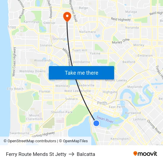 Ferry Route Mends St Jetty to Balcatta map