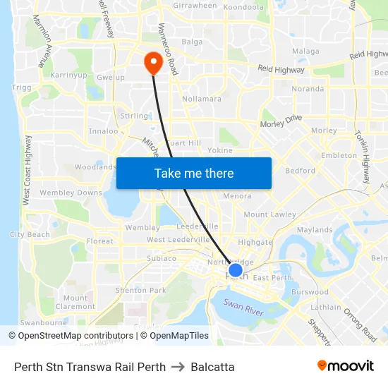 Perth Stn Transwa Rail Perth to Balcatta map