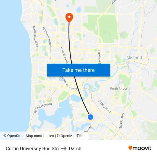 Curtin University Bus Stn to Darch map