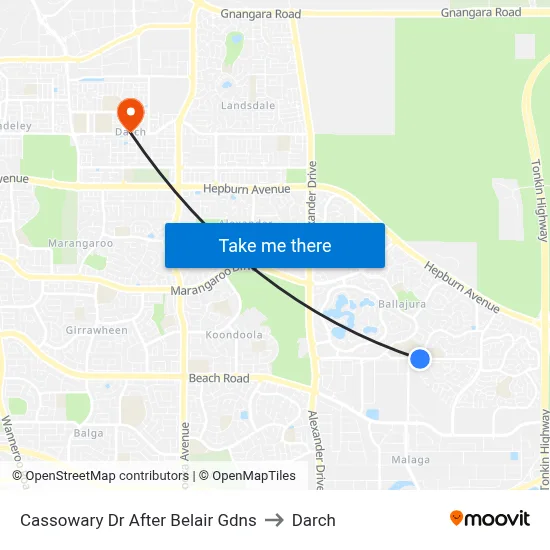 Cassowary Dr After Belair Gdns to Darch map