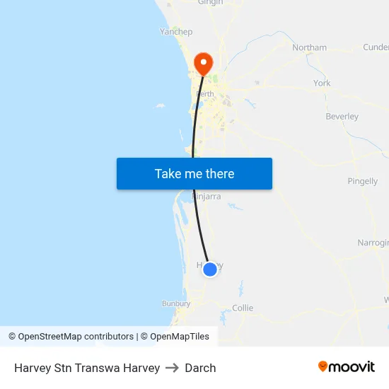 Harvey Stn Transwa Harvey to Darch map