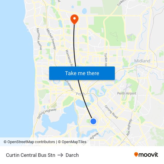 Curtin Central Bus Stn to Darch map