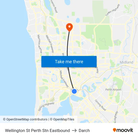 Wellington St Perth Stn Eastbound to Darch map
