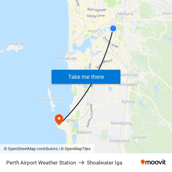 Perth Airport Weather Station to Shoalwater Iga map